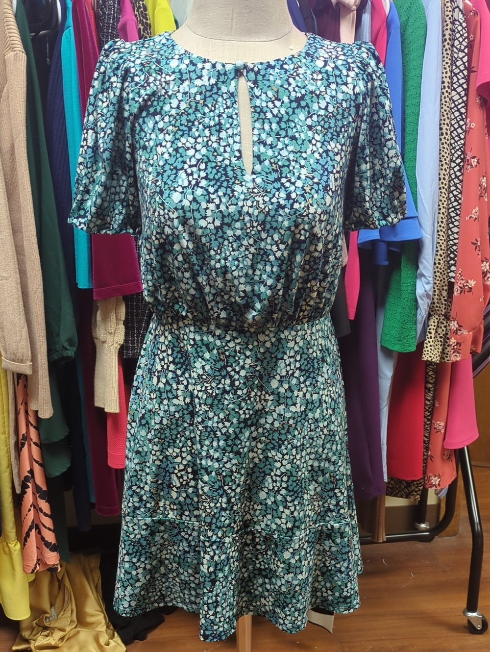 LOFT Teal and White Floral Keyhole Midi Dress